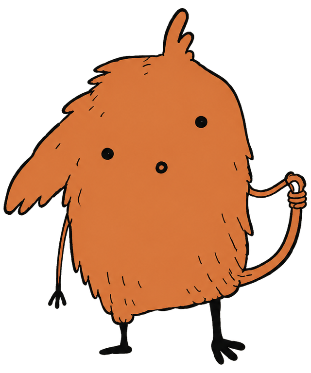 A scruffy orange creature, curiously holding its own tail.