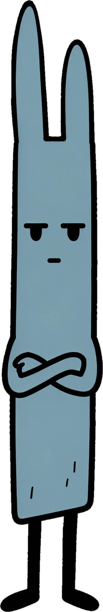 Oommski, a tall blue character with unequal upright ears and folded arms.